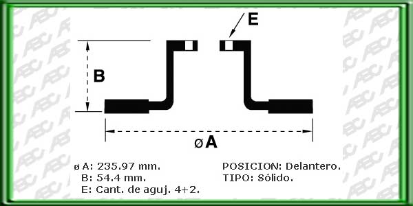 DISCOS PARA FRENOS - Eje Delantero - Tipo Solido - Medidas: Ã exterior 235.97 mm - Altura total 54.40 mm - Ã maza 72.00 mm - Espesor disco 10.00 mm - Espesor minimo disco 9.00 mm - 4+2 Agujeros - Referencia Equipo Original: 416.1200 // FIAT 125 AÃ±o: