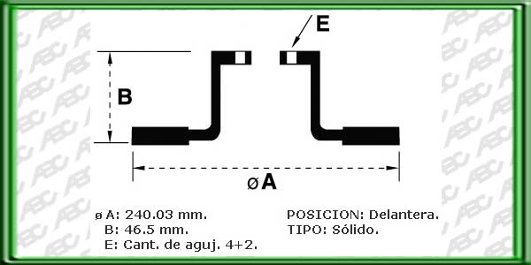DISCOS PARA FRENOS - Eje Delantero - Tipo Solido - Medidas: Ã exterior 240.30 mm - Altura total 46.50 mm - Ã maza 59.00 mm - Espesor disco 12.00 mm - Espesor minimo disco 10.80 mm - 4+2 Agujeros - Referencia Equipo Original: 596.1814 // FIAT DUNA AÃ±  o