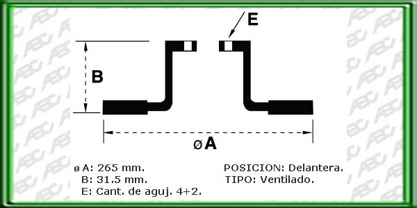 DISCOS PARA FRENOS - Eje Delantero - Tipo Ventilado - Medidas: Ã exterior 265.00 mm - Altura total 31.50 mm - Ã maza 61.00 mm - Espesor disco 20.00 mm - Espesor minimo disco 18.00 mm -  4+2 Agujeros - Referencia Equipo Original: 7700764193 // RENAUL  T