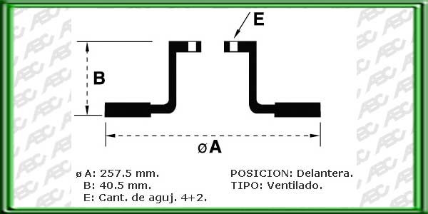 DISCOS PARA FRENOS DELANTERO VENTILADO - PALIO 1.8 - WEEKEND- SIENA 1.6I 16V / PALIO ADVENTURE 1.8 16V / PUNTO - MEDIDAS: Ã EXTERIOR 257.50 MM - ALTURA  40.50 MM - Ã MAZA 59.00 MM - ESPESOR DISCO 20.00 MM - ESPESOR MINIMO DISCO 18.00 MM - 4+2 AGUJEROS -