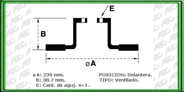 DISCOS PARA FRENOS - EJE DELANTERO - TIPO VENTILADO - MEDIDAS: Ã EXTERIOR 239.00 MM - ALTURA TOTAL 38.70 MM - Ã MAZA 65.00 MM - ESPESOR DISCO 20.00 MM - ESPESOR MINIMO DISCO 18.00 MM - 4+1 AGUJEROS - REFERENCIA EQUIPO ORIGINAL: 3256152891 // VOLKSWA GEN