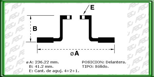 DISCOS PARA FRENOS - EJE DELANTERO - TIPO SOLIDO - MEDIDAS: Ã EXTERIOR 236.22 MM - ALTURA TOTAL 41.20 MM - Ã MAZA 60.00 MM - ESPESOR DISCO 12.60 MM - ESPESOR MINIMO DISCO 9.70 MM - 4+2+1 AGUJEROS. REFERENCIA EQUIPO ORIGIANL : 90111242 // GENERAL   MOTOR