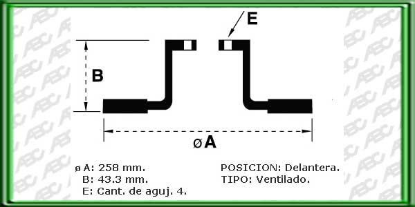 DISCOS PARA FRENOS - EJE DELANTERO - TIPO VENTILADO - MEDIDAS: Ã EXTERIOR 258.00 MM - ALTURA TOTAL 43.30 MM - Ã MAZA 63.60 MM - ESPESOR DISCO 22.00 MM - ESPESOR MINIMO DISCO 20.00 MM - 4 AGUJEROS // FORD FOCUS AÃO: 99 Â» // FIESTA (CON ABS) - ECOSPORT