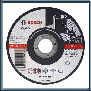 DISCO DE CORTE RECTO Tama?o de grano: 30. ? externo: 115 mm - 4 1/2 pulg. Espesor: 1 mm - 1/25 pulg. ? interno: 22.2 mm - 7/8 pulg. Para amoladoras con velocidad periferica maxima hasta 80 m/s dependiendo del numero maximo de r otaciones y ? del dis co Un