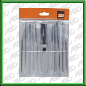 LIMA DE AGUJA JUEGO. De 12 LIMAS en funda de plastico. con agujero para colgar. ContIene lima plana paralela. triangular. cuadrada. media ca?a. semi-ovalada. redonda. de cuchillo. barrette. rombica. plana cantos ovalados y marking. Incluye un mango  9-488