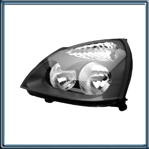 LINEA LIVIANA  RENAULT CLIO (2003/06 ) FARO PRINCIPAL IZQUIERDO CON LENTE DE POLICARBONATO. SISTEMA DE REGULACION ELECTRICO/MANUAL. DOBLE REFLECTOR. LAMPARAS H-7 Y H-1. FONDO NEGRO